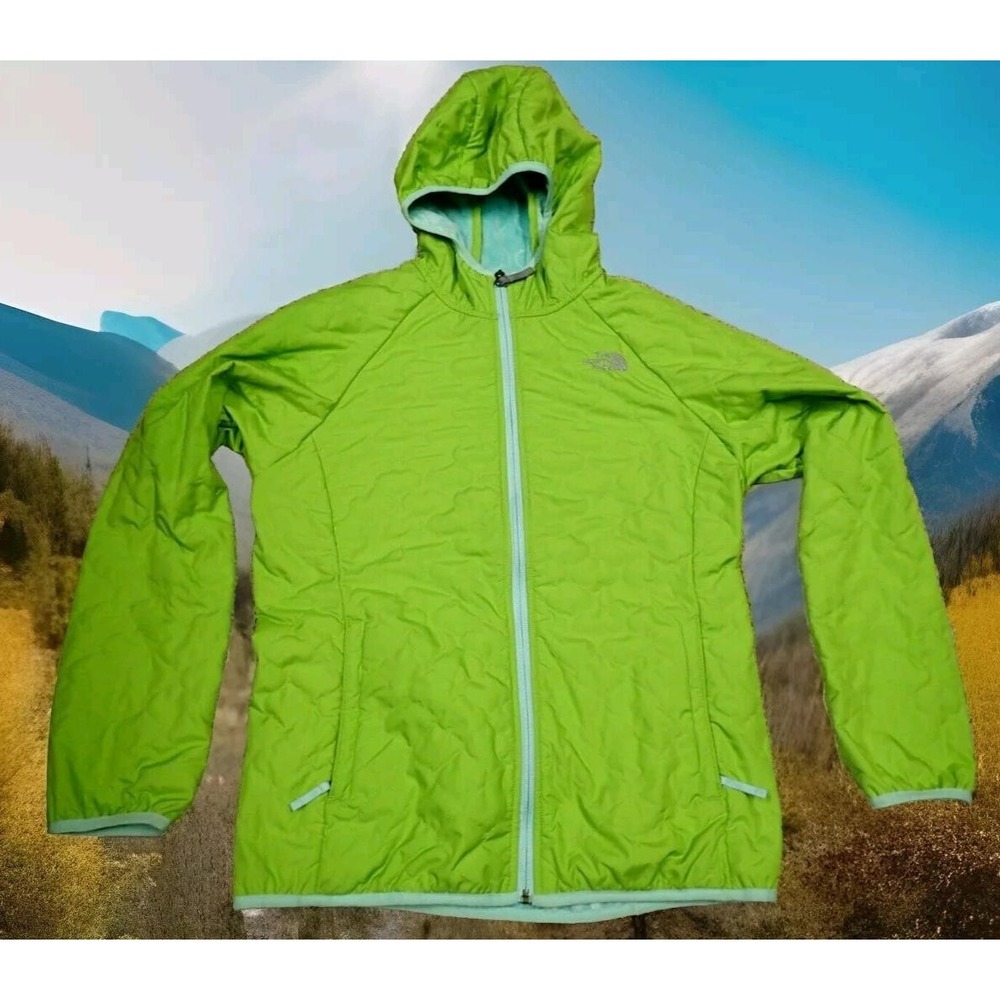 the NORTH FACE HOODED QUILTED FLEECE LINED JACKET in Girl's Size XL 18 Green